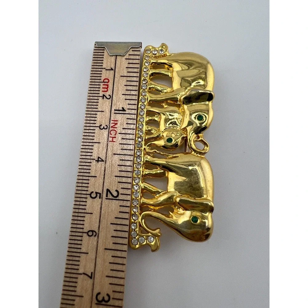 Vintage Gold Tone Three Elephants Walking Brooch Pin Estate 90s Bold Big Classic